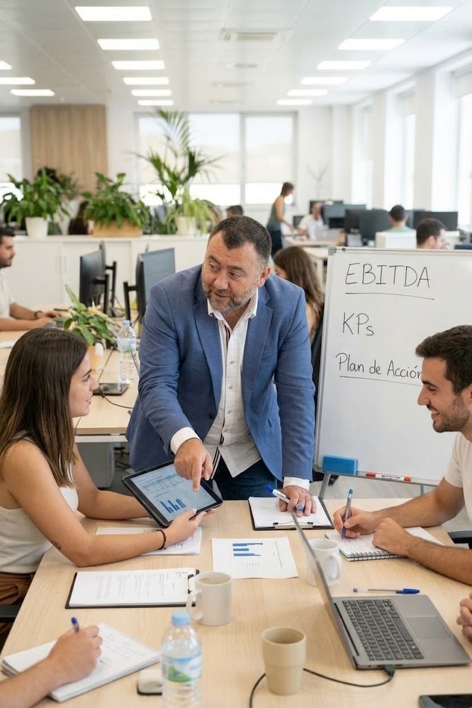 Equipo de TAS Corporate Finance revisando datos financieros en la oficina de Barcelona